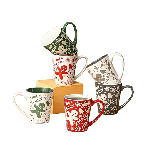 simpa 6PC Christmas Gingerbread Man Stoneware Mug Set. Volume 350ml. Dishwasher & Microwave Safe.