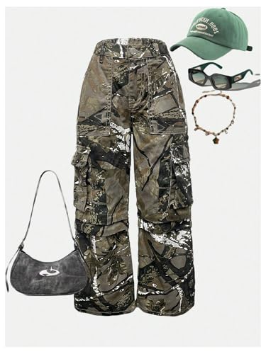 WDIRARA Girl's Camo Print Cargo Jeans High Waisted Wide Leg Denim Pants4