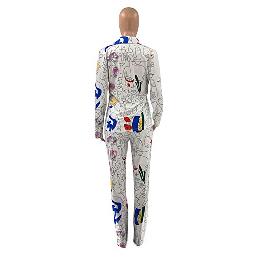 Recious Womens Sexy 2 Pieces Denim Printed Zipper Jackets Bodycon Pants Party Clubwear Tracksuit Outfits Set (M, White) #TOP4