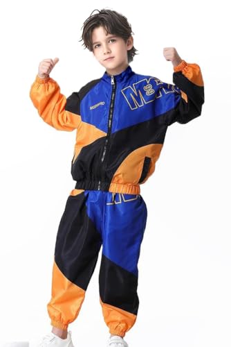 80s Outfit for Kids,Boys' Girls' Color Block Jacket Track Pants Sets,80s Tracksuit Retro Hip Hop Dance Outfit