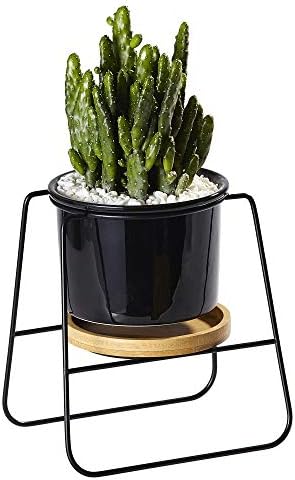 Succulent Planter, Flowerplus 4.3 Inch Succulent Pot Set, Black Ceramic Plant Pot Flower Pot Indoor Decorative, Medium Round Planter with Stand Metal Holder Bamboo Tray for Cactus Herbs Plants (BBA)