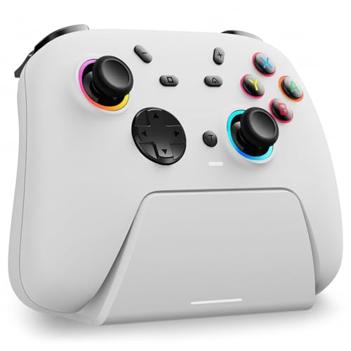 DuLingKer Mando PC con Carga Base, Mando Inalámbrico para Switch 2/Switch/PC Windows/Steam/OLED/Lite, Gaming Mandos con Hall Efecto Trigger/Joystick(Sin Deriva), Luz RGB, Botón M1/M2 Blanco