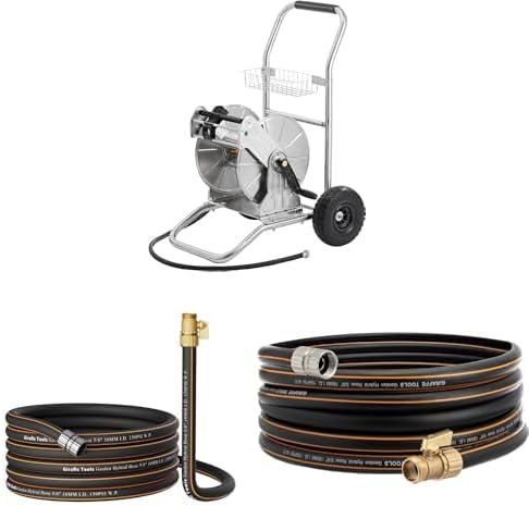 Giraffe Tools Stainless Steel Water Hose Reel Cart, 200 ft of 1/2 Capacity+Water Hose 25ft x 5/8", Female and male Fittings+Water Hose 35ft x 5/8", Male and Female Fittings