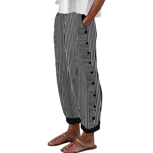 Women's Black and White Striped Wide Leg Pants with Side Buttons 2025 Spring Fashion for Casual and Everyday Wear Pants