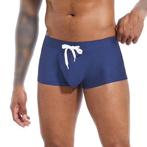Maiyifu-GJ Men Swim Trunks Boxer Briefs Elastic Waist Swimming Trunks Sexy Quick-Drying Board Shorts with Drawstring (Dark Blue,XX-Large)