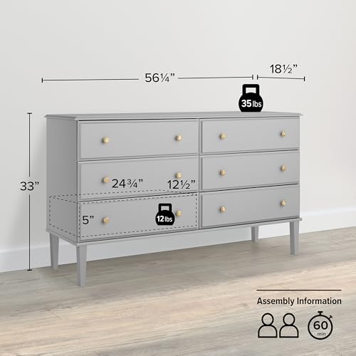 Image of Prepac Lux Dresser, Grey Dresser for Bedroom, Chest of Drawers with 6 Drawers 18.5 inch D x 56.25 inch W x 33 inch H, GDBR-2306-1