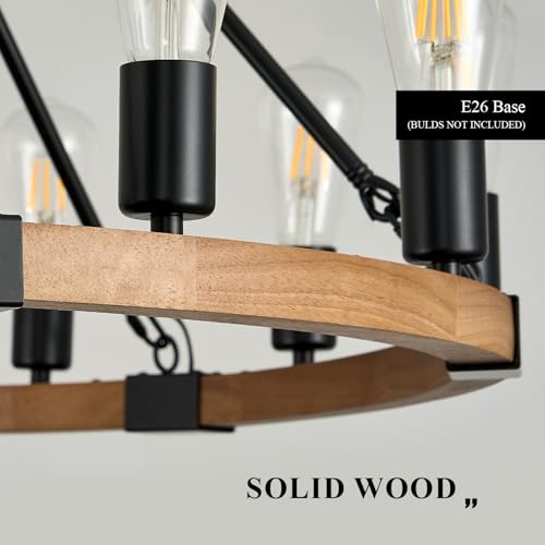 Image of Oak Wooden Wagon Wheel Chandelier 12-Light 31.5 inch Light Fixture