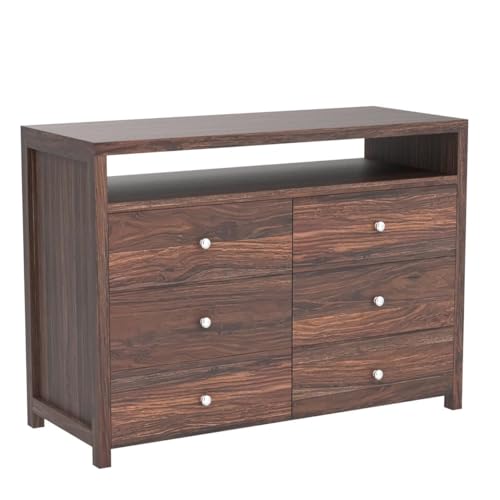 Image of Wooden 6 Drawer Storage Cabinet Wooden Sideboard Storage Cabinet Dresser for Bedroom Living Room Home Sheesham Wood, Dark Brown