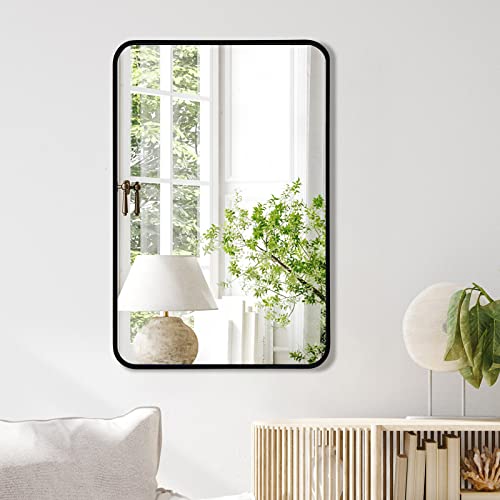 Rozycher Black Btahroom Mirror 20X30 Inch, Rectangle Mirror For Wall, Decorative Black Wall Mirror For Bathroom, Bedroom, Living Room, Rounded Corner Wall Mirror Hangs Horizontal Or Vertical #TOP6