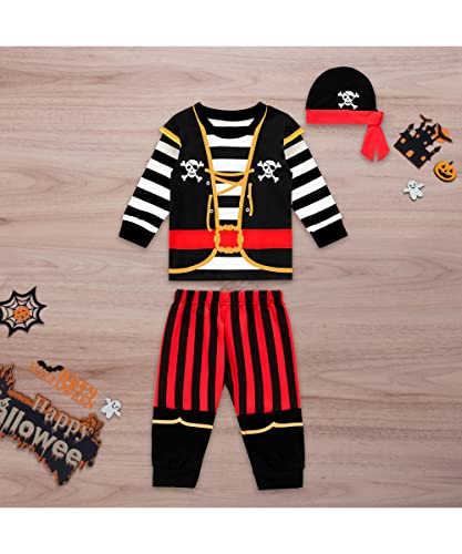 Image of Toddler Boys Outfits Halloween Pirate Striped Trousers Kids Long sleeved Clothes with Hat