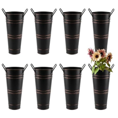 DAKFOOK 8 Pack 11 x 23cm Metal Galvanized Flower Vases, Black Farmhouse French Buckets with Handles