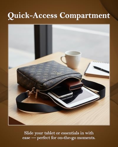 Image of CG MOBILE GUESS Tablet Crossbody Bag Official Licensed PU Leather with 4G Print, Triangle Metal Logo, Lightweight Sling Pouch for Tablets up to 10-Inch, Shoulder & Travel Bag for Unisex - Black