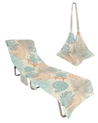 Vintage Blue Orange Grey Coastal Beach Lounge Chair Towel Cover, Soft Chaise Lounge Towel with Side Pockets Patio Pool Chairs Cover for Beach/Pool Sunbathing 29x85 Summer Beach Coral Nautical Seaside