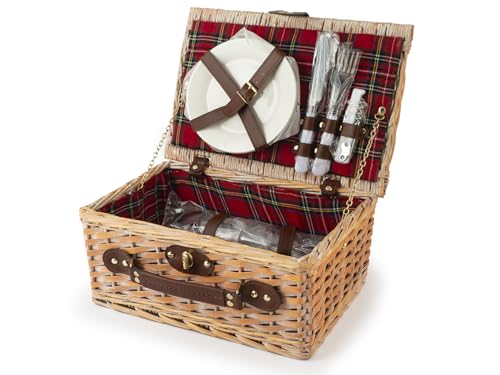 H&H, cestino picnic, set picnic per 2 persone, tartan, con piatti, set posate, bicchieri, apribottiglie, dimensioni 36x26x16 cm