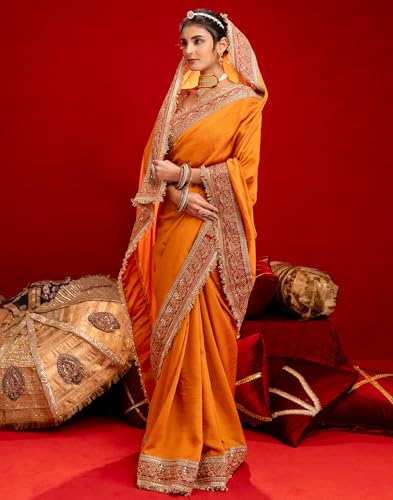 Image of SIRIL Women's Vichitra Silk Sequins Embroidery Lace Saree With Unstitched Blouse Piece