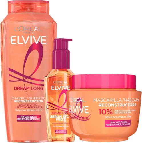 L'Oréal Paris Pack ELVIVE Dream Long Champú y Mascarilla Reconstructora y Serum Stop Frizz para Pelo largo