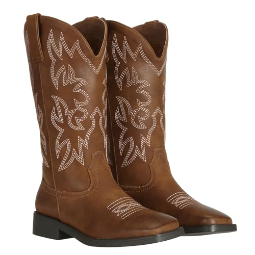 Image of SheSole Cowboy Boots for Women Western Cowgirl Boots with Embroidered Mid Calf Fashion Chunky Heel Square Toe Country Boot