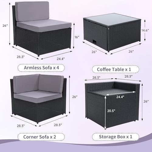 Image of KROFEM 8 Piece Patio Furniture Set, Outdoor Modular Conversation Set, Grey | UV Treated Wickers, Machine Washable Cushions, Seats 6, 2 Hidden Storage Compartments, Rustproof Frame, Waterproof