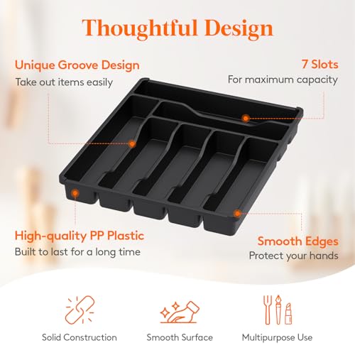 Lifewit Silverware Drawer Organizer Tray, Plastic Cutlery Storage for Kitchen, Flatware and Utensil Holder Divider for Spoons Forks Knives Tableware, 12.3 x 14.2", 7 Slots, Black