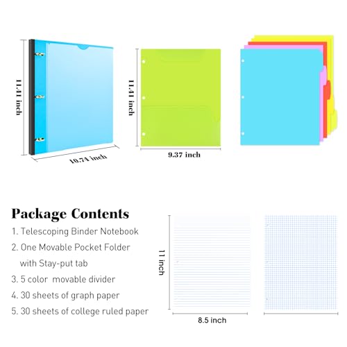 INFUN All-in-one Telescoping Binder Notebook, Refillable 3 Ring Notebook Binder with 1 Plastic Movable Pocket Folder,5 Plastic Subject dividers and Graph Paper and College Ruled Paper - Blue
