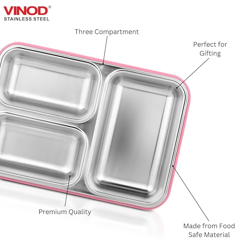 Image of Vinod GO-Tiffin Stainless Steel 3 Compartment Insulated Lunch Box | Pink | Leaf-Proof, Vacuum Sealed & Air Tight | Tiffin Box for Office, Kids & Adults | Freezer Safe | with Safety Lock