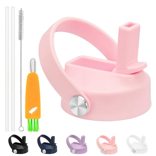 XccMe Straw Lid for Hydro Flask Wide Mouth Lids with Straw for Hydroflask 12 16 18 20 32 40 oz Wide Mouth Leak-Proof Drinking Cap with Flexible Handle Top Sport Bottle Lids with Lid Brush Pink