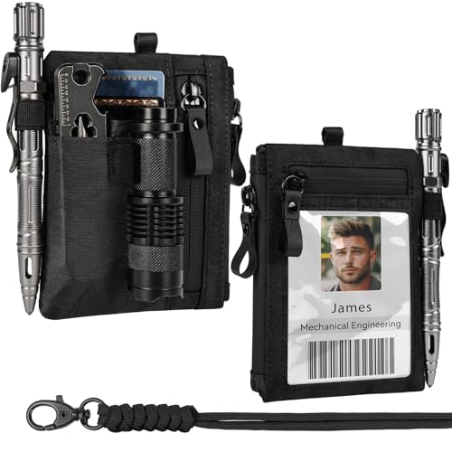 LIUGX Tactical ID Card Holder with RFID Blocking, Waterproof Zipper Pocket,Three-in-one Fabric,Neck Lanyard Key Ring,EDC Pouch & Credit Card Organizer