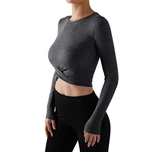ODODOS Women's Crop Top Front Wrap See Through Cover Long Sleeve Top, Charcoal, Small