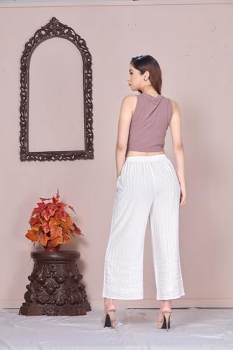 Image of VIVIKA Chikankari Palazzo Pants for Women |Rayon Wide Leg Ethnic Palazo with Embroidery | Comfortable Elastic Waist Women's Palazzo for Casual, Festive & Office Wear