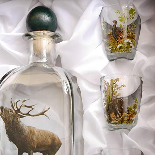GTK - Geweihe & Trophäen KRUMHOLZ 7 teiliges Schnaps Gläser Set + Karaffe mit Jagddekor Hirsch farbig