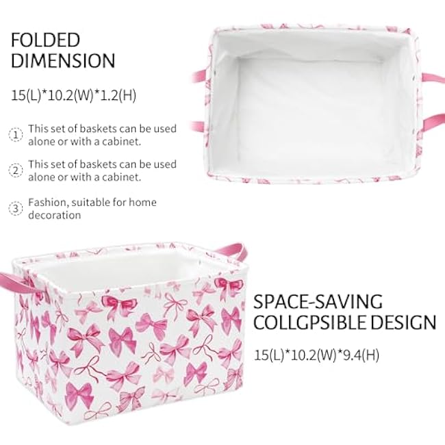 2Pcs Bow Rectangle Storage Basket 15 x 10.2 x 9.4 Inch Pink Bowknot Foldable Open Toy Organizer Bag with Handle Coquette Large Laundry Dirty Cloth Storage Bin for Bedroom Shelves Closet