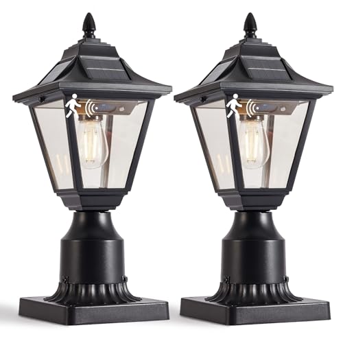 DARIISI 2 Pack Solar Post Lights, Motion Sensor Solar Lamp Post Lights with Pier Mount Base, Outdoor...