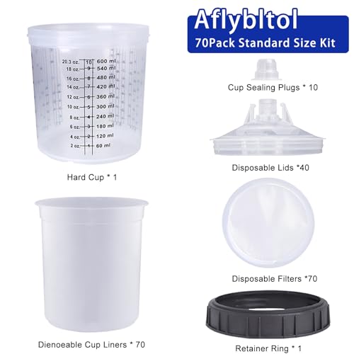Image of Disposable Paint Cups for Automotive Paint Guns, HVLP Paint Spray Gun 20 oz(600 ml) Kit with 70 Detachable Filters and Cup Liners, 40 Lids, 1 Hard Cup with Fixed Ring and 10 Plugs