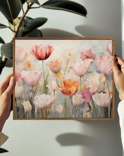 Image of KISSFOX Framed Wall Art Vintage Wall Decor Tulips Canvas Art Floral Pictures Colorful Paintings Flower Artwork Aesthetic Prints For Bedroom Kitchen