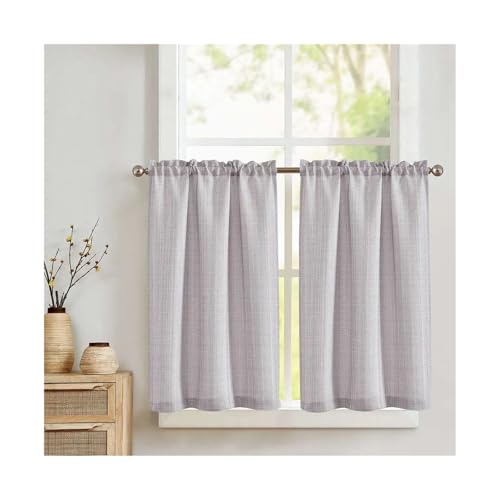Rideau lin texturé gris 28x36 pouces | Paire de rideaux courts de café à passe-tringle