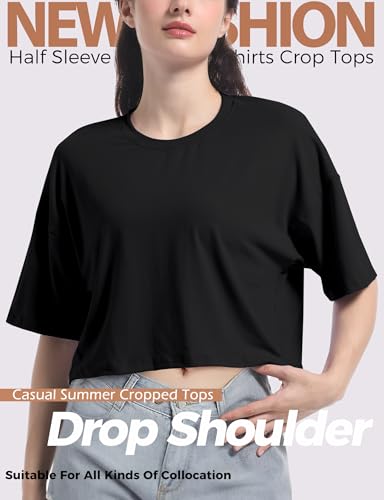 Women's Basic Crop Top Drop Shoulder T Shirt Half Sleeve Cropped Tee Crewneck Short Sleeve Casual Summer Solid Crop Tops2