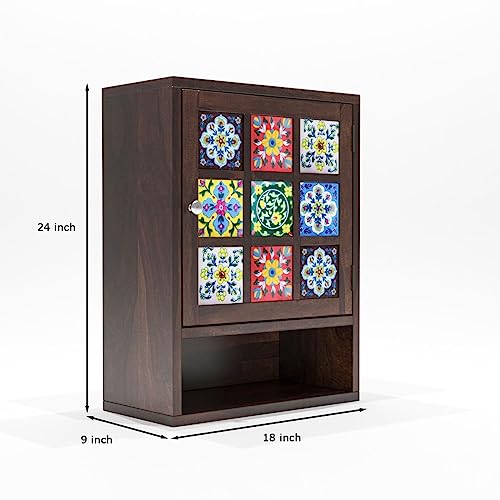 Image of Sheesham Wood Kitchen Cabinet for Home | Wall Mounted Kitchen Rack with Storage | Wooden Kitchen Unit /Organizer with 1 Door & 1 Shelf Storage | Walnut Finish