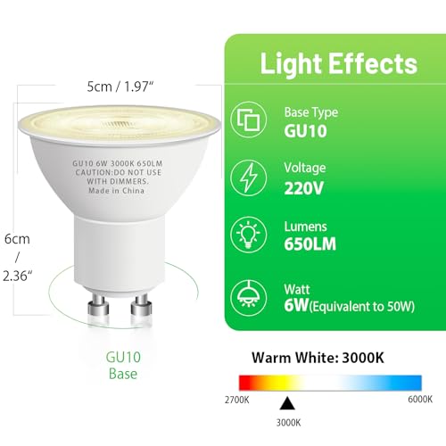 Image of 10 Pack GU10 Led Bulb 6W Equivalent 50W, MR16 Led Bulb 3000K Soft White Light Bulbs, 650 Lumens, Non-Dimmable, GU10 Base, 2 Prong Track Energy Saving Light Bulbs for Kitchen, Living Room, Bedroom