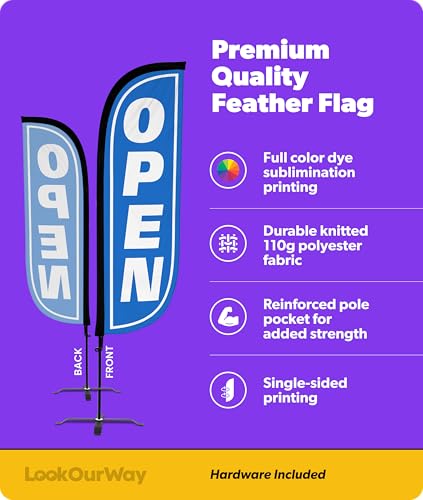 Image of LookOurWay Feather Flag Set - 5ft Tall Advertising Banner Flag with Pole Kit and X-Stand for Business Promotion - Open, Blue /White