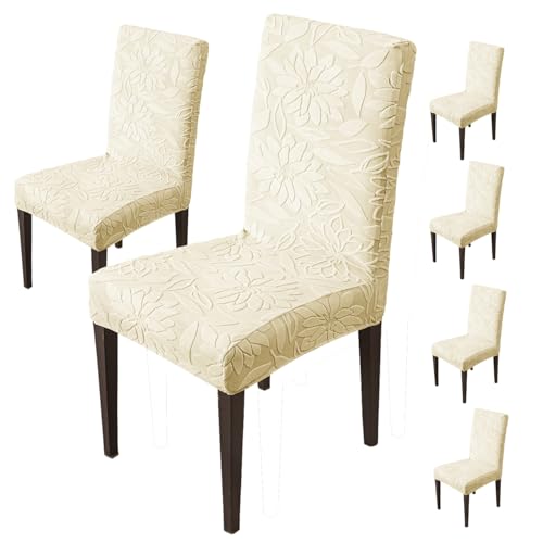 Image of House of Quirk Stretchy Universal Camellia Jacquard Waterproof Chair Cover Removable & Washable Short Dining Chair Cover Protector Seat Slipcover (Beige,Pack of 6)
