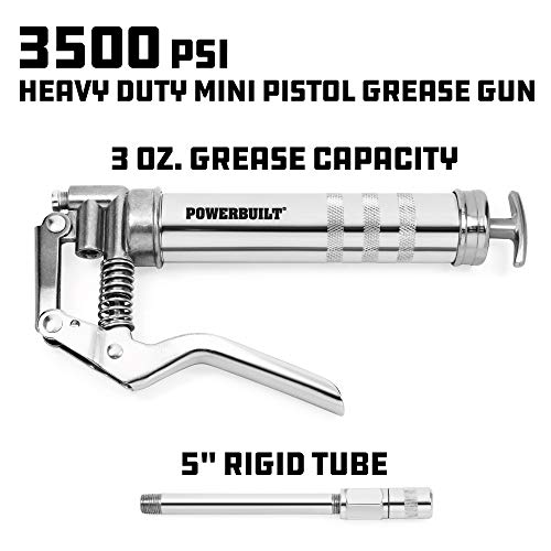Powerbuilt Mini Pistol Grip Grease Gun With 6 Inch Extension Pipe Attaches At 0 Or 90 Degrees, Push Button Air Bleeder Valve; Uses Standard 3 Ounce Cartridges - 648755 #TOP1