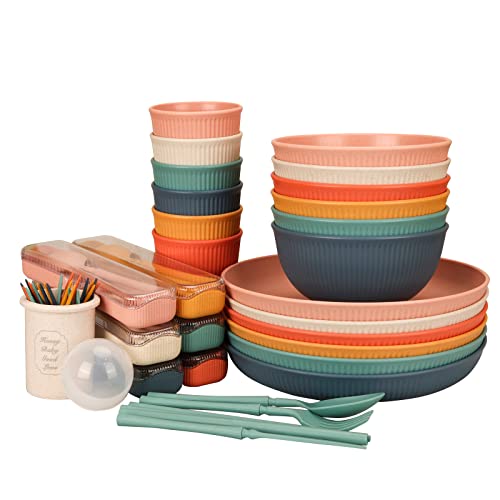 Unzerbrechliches Geschirr Set 6 Personen, 66 Teiliges Camping Geschirr Set Plastikgeschirr Picknick Geschirr Sets Leicht Bunt Grill Kunststoff Servierteller Schüsseln Besteck Set