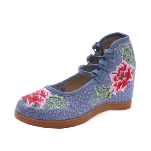 Escarpins vintage en toile brodée bleu pointure 39.5
