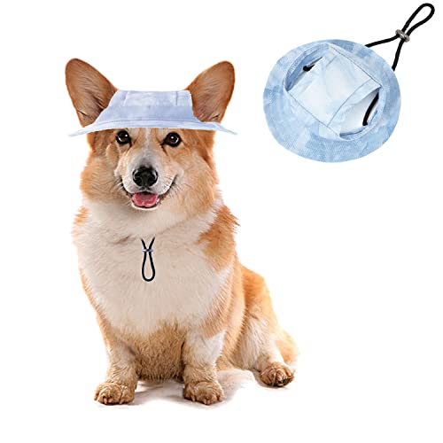 Image of HDKUW Dog Bucket Hats, Dog Round Cap with Ear Hole, Adjustable Outdoor Travel Sun Protection Sport Hat for Cat Small Medium Dogs Light Blue M