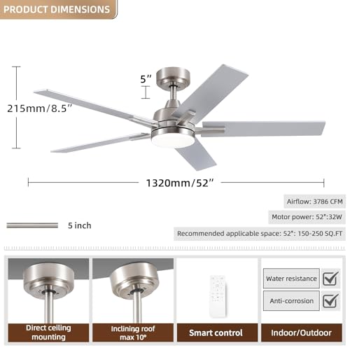 Image of Ceiling Fans with Lights and Remote, 52 Inch Brushed Nickel Ceiling Fan