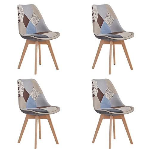 HJhomeheart Lot de 4 Chaises de Salle à Manger en Tissu Patchwork avec Coussin d'assise Amovible et Pieds en Bois Massif pour Salle à Manger, Salon, Cuisine,...