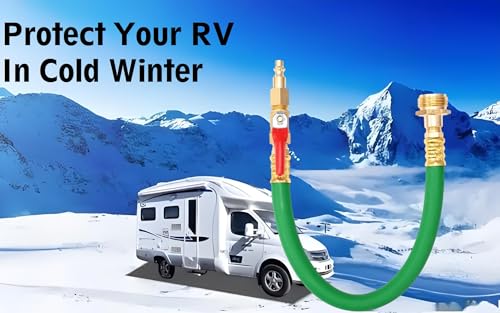 Image of 12 inch Winterize Sprinkler System RV Motorhome Boat Camper and Travel Trailer: Air Compressor Quick-Connect Plug to 3 /4 inch Garden Hose Faucet Blow Out Adapter Fitting with Shut Off Valve (Green)