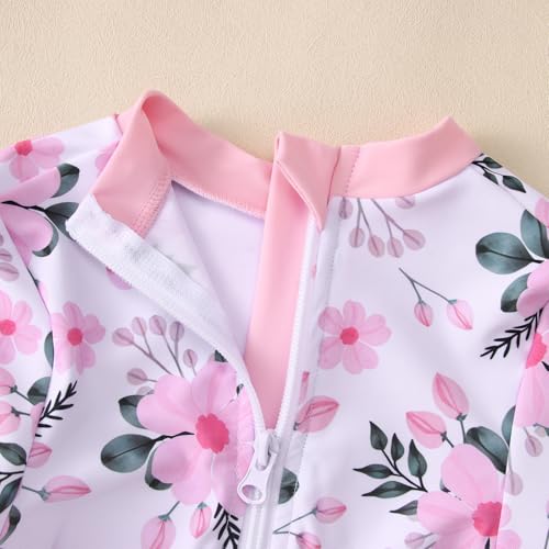 Image of IZYJOY Girl Long Sleeve Swimsuits Ruffle One Piece Rash Guard Bathing Suits Kids Floral UPF 50+ Zipper Swimwear 7-12Y(150(10-11 Years), Flower-Pink)