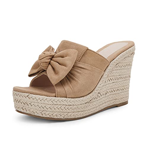 PiePieBuy Womens Platform Espadrilles Slip On Wedge Sandals Bow Tie Open Toe Slides Shoes, Khaki, Size 7