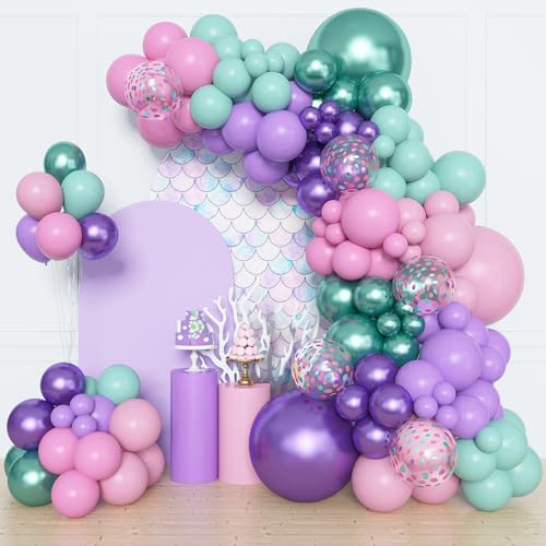 Image of Amandir 153pcs Mermaid Balloon Garland Arch Kit Different Sizes | 18 12 10 5 inch Purple Pink Green Latex Metallic Confetti Balloons for Girl Ocean Themed Party Decorations